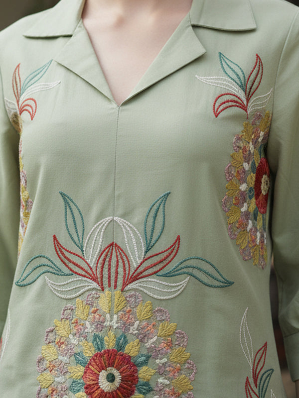 Olive Green Co-Ord: Detailed Central Embroidered Tunic and Wide Pants