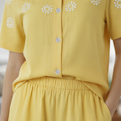 Yellow Button-Down Eyelet Embroidery Chic Co-Ord Set