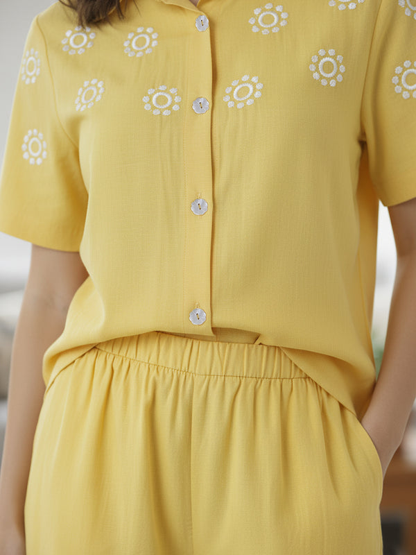 Yellow Button-Down Eyelet Embroidery Chic Co-Ord Set