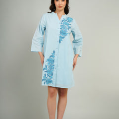 Light Blue Embroidered Cotton Shirt Dress