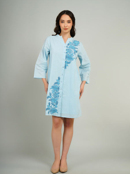 Light Blue Embroidered Cotton Shirt Dress