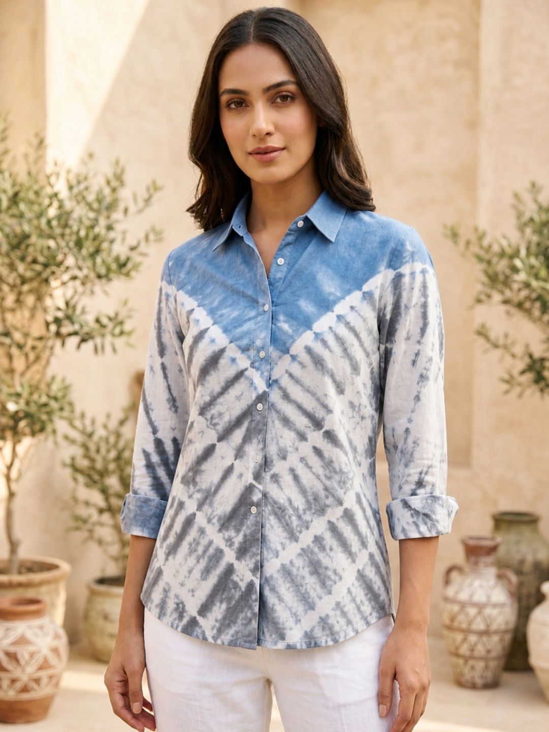 Blue Ombre Tie-Dye Cotton Shirt in Geometric Design