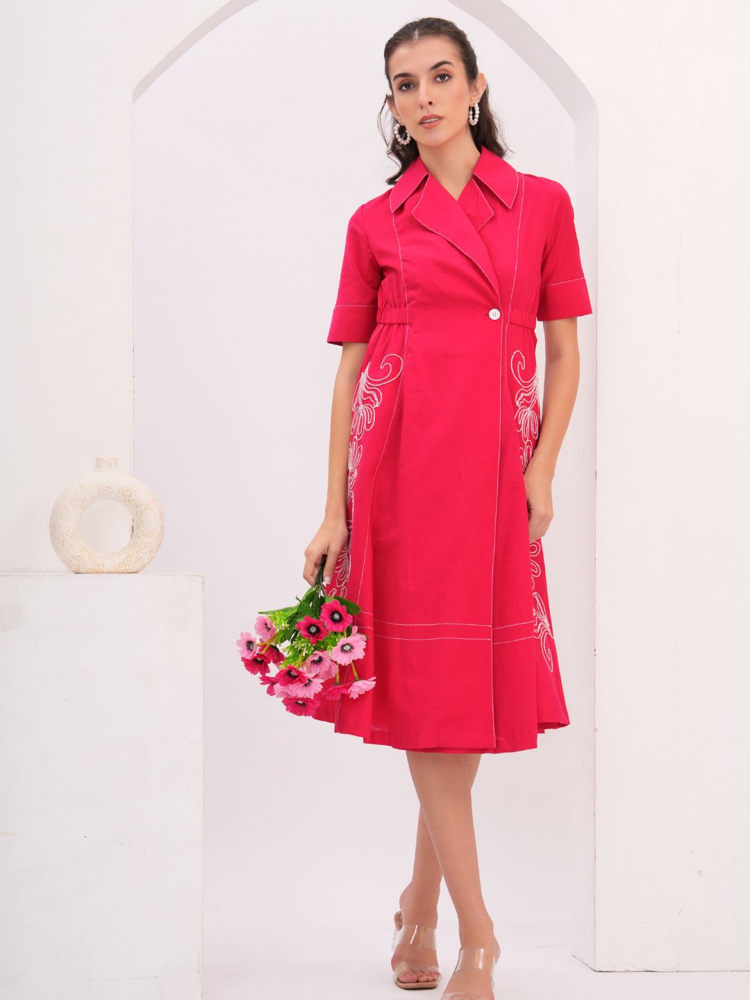 Fuchsia Pink Embroidered Flared Midi Dress with Lapel Collar