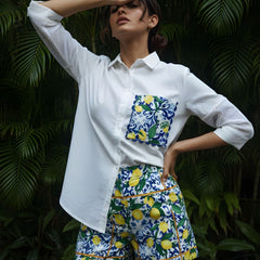Contemporary Lemon Print Pocket Premium Cotton Shirt