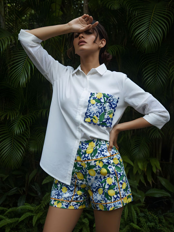 Contemporary Lemon Print Pocket Premium Cotton Shirt
