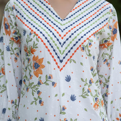 Elegant Floral Cotton Midi Dress with Embroidered V-Neck