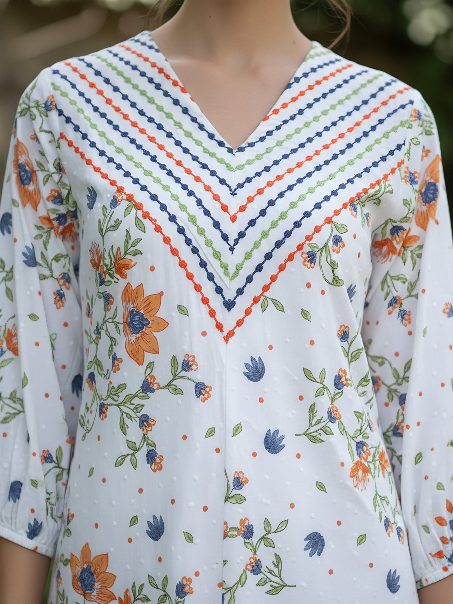 Elegant Floral Cotton Midi Dress with Embroidered V-Neck