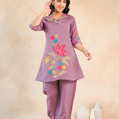 Lavender Floral Embroidered Kurta and Straight Pant Co-ord Set