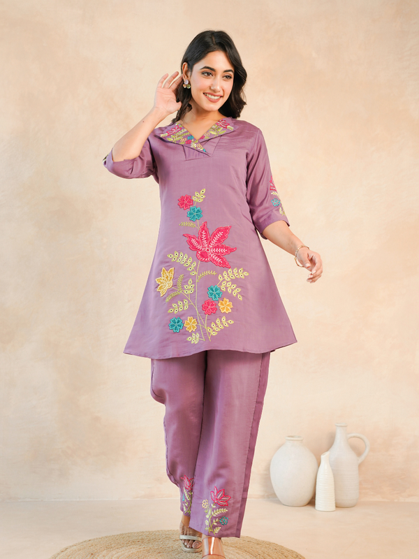 Lavender Floral Embroidered Kurta and Straight Pant Co-ord Set