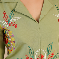 Olive Green Co-Ord: Detailed Central Embroidered Tunic and Wide Pants