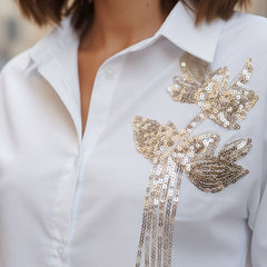 Women’s White Embroidered Viscose Crop Shirt with Collar Neck