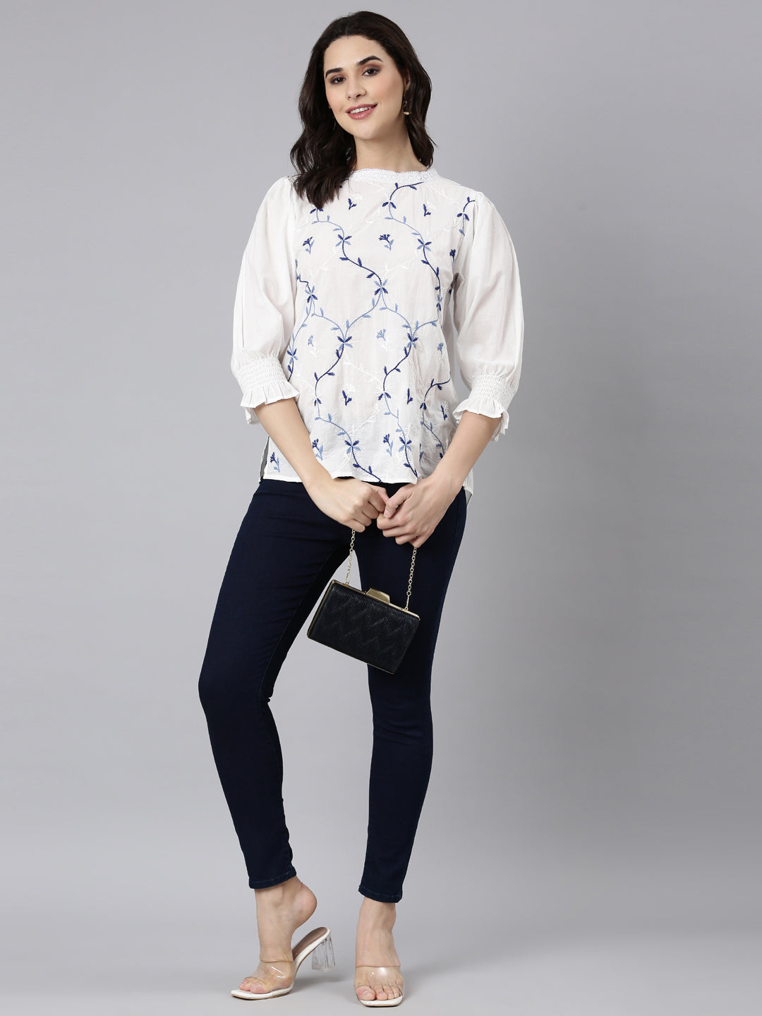 Elegant White Cotton Top With Blue Embroidery