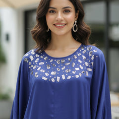 Blue Satin Sequin Work Kaftan Co-ord Set