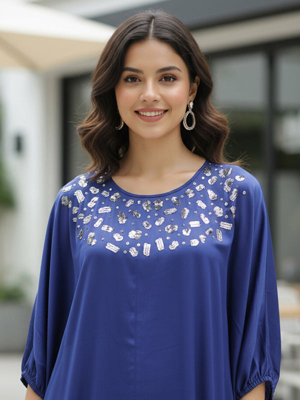 Blue Satin Sequin Work Kaftan Co-ord Set