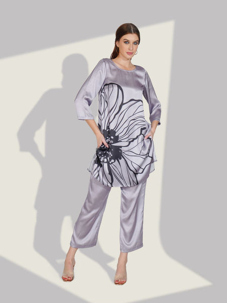 Printed Satin Grey Co-ord Set