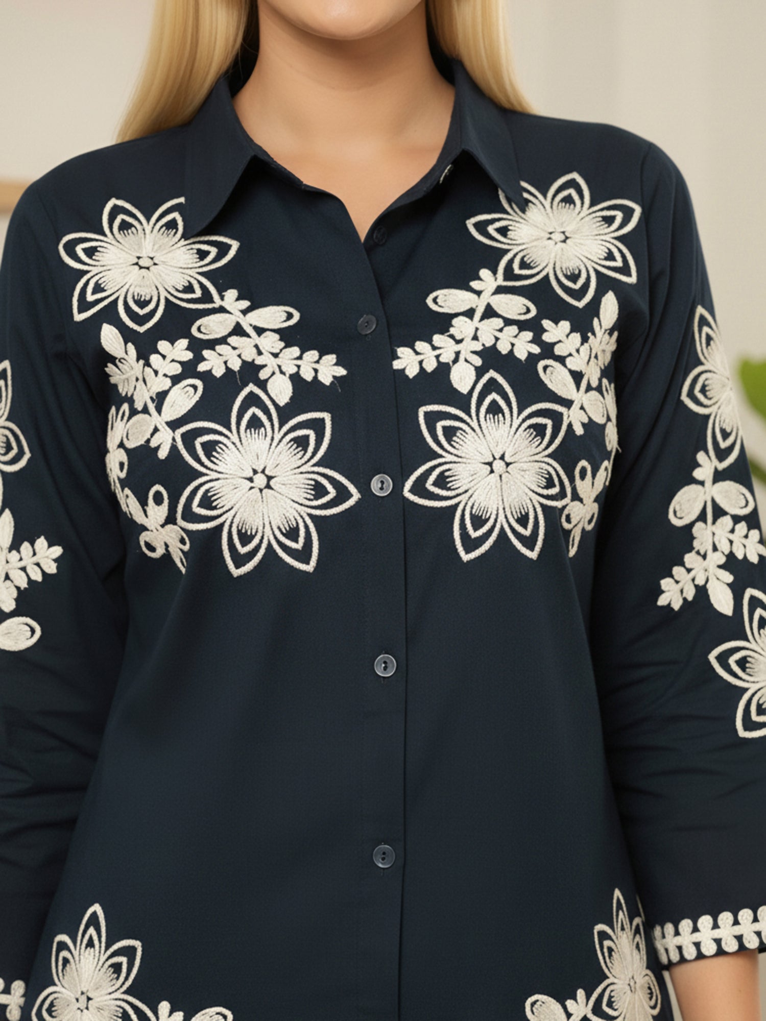Navy Blue Cotton Embroidered Floral Co-Ord Set