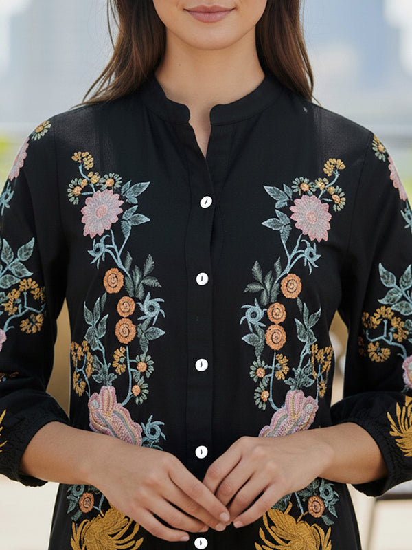 Black Cotton Embroidered Mini Dress