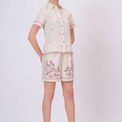Blush Pink Embroidery Beige Cotton Co-ord Set
