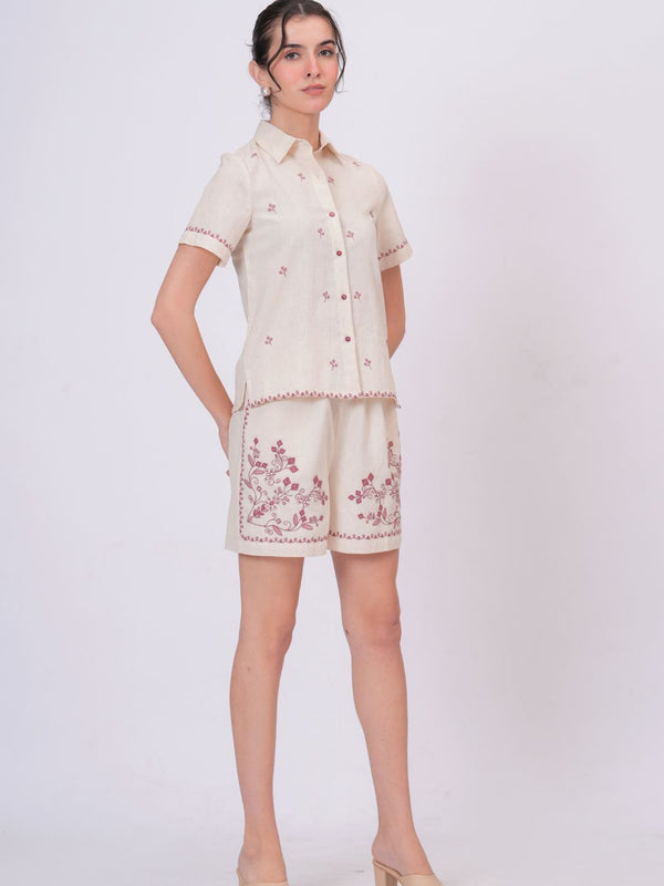 Blush Pink Embroidery Beige Cotton Co-ord Set