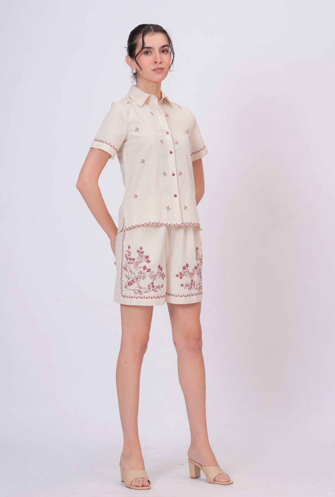 Blush Pink Embroidery Beige Cotton Co-ord Set