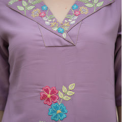 Lavender Floral Embroidered Kurta and Straight Pant Co-ord Set