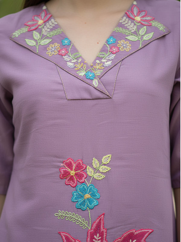 Lavender Floral Embroidered Kurta and Straight Pant Co-ord Set