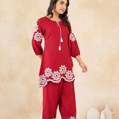 Stylish Red Flower Work Women’s Two-Piece Set