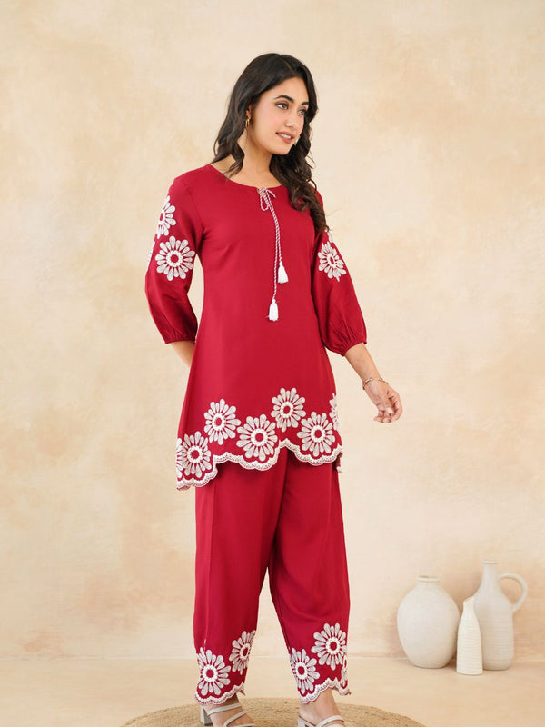Stylish Red Flower Work Women’s Two-Piece Set