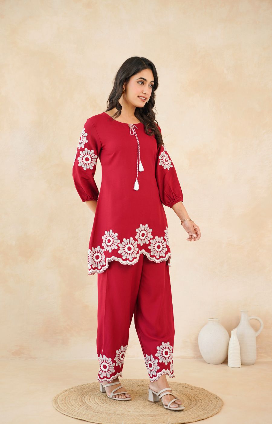 Stylish Red Flower Work Women’s Two-Piece Set