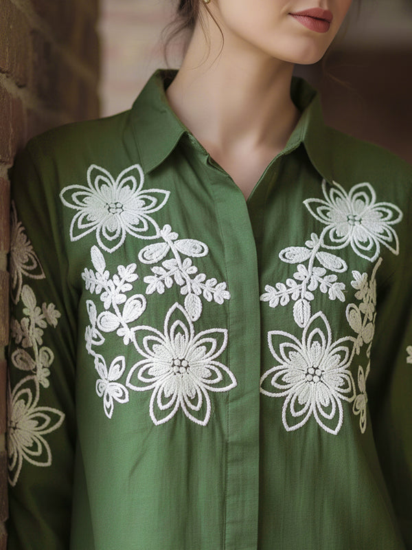 Green Floral Embroidered Cotton Co-ord Set