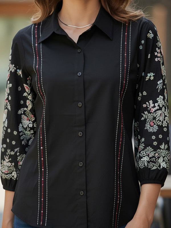 Black Handcrafted Embroidered Cotton Shirt
