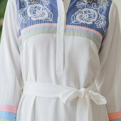 White Embroidered Tencel Midi Dress with Collar Neck