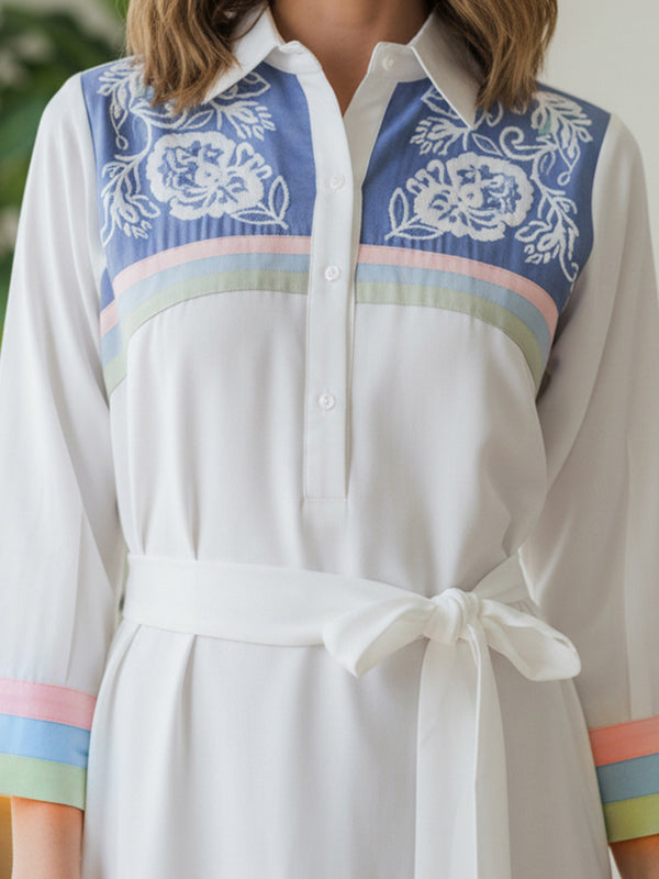 White Embroidered Tencel Midi Dress with Collar Neck