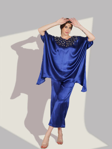 Blue Satin Sequin Work Kaftan Co-ord Set