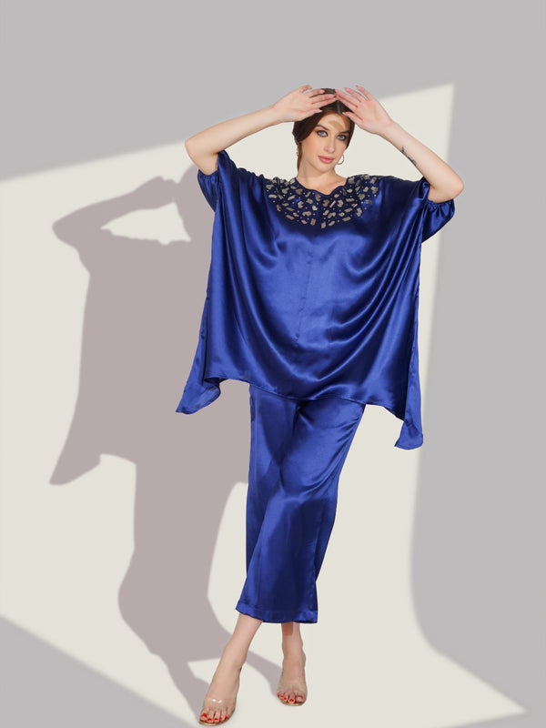 Blue Satin Sequin Work Kaftan Co-ord Set