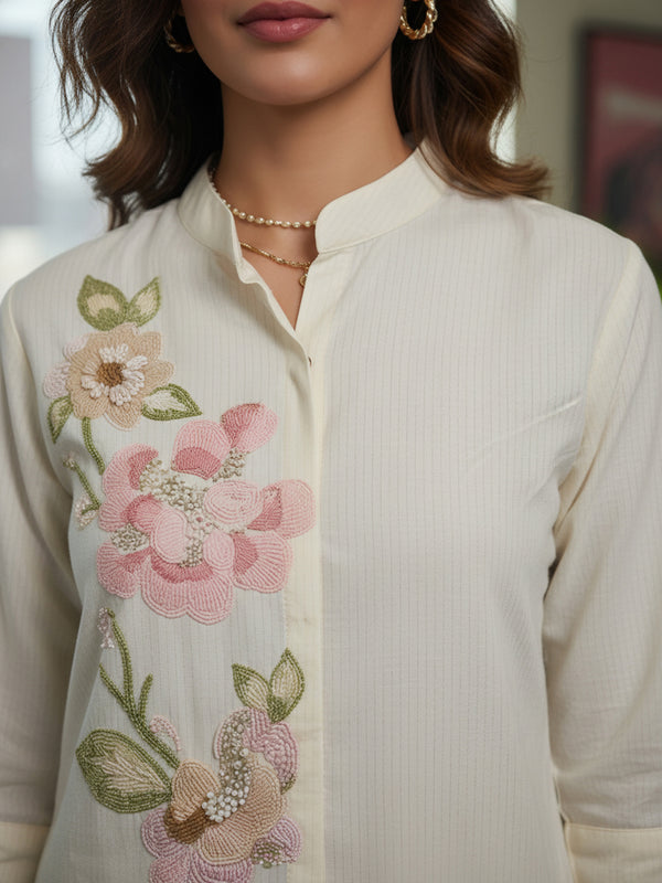 Women Cream Floral Embroidered Kurta Pant Co-Ord Set