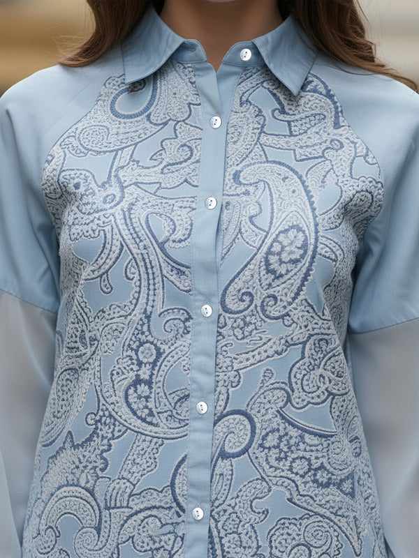 Sky Mist Paisley Printed Blue Cotton Shirt