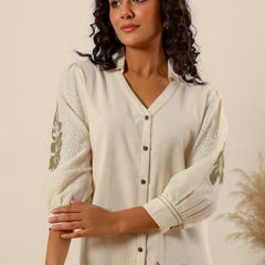 Beige flower embroidery Cotton Shirt Dress