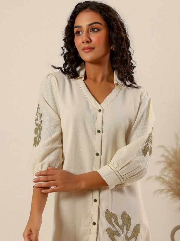 Beige flower embroidery Cotton Shirt Dress
