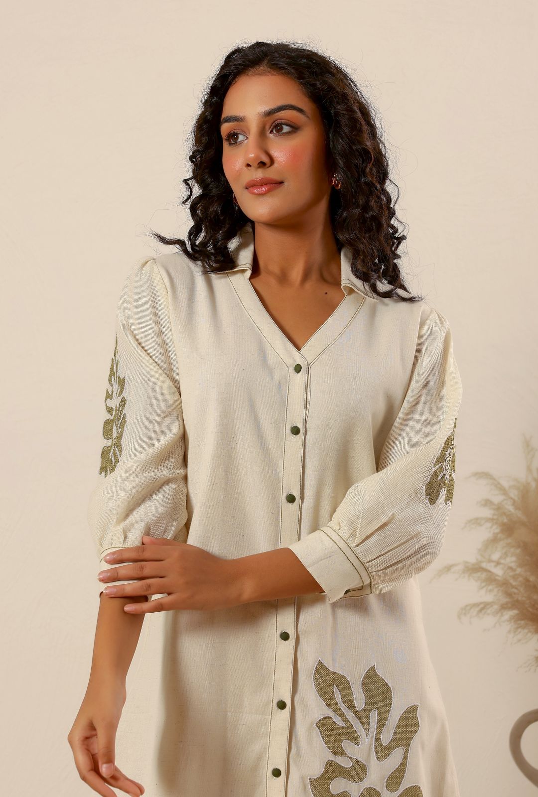 Beige flower embroidery Cotton Shirt Dress