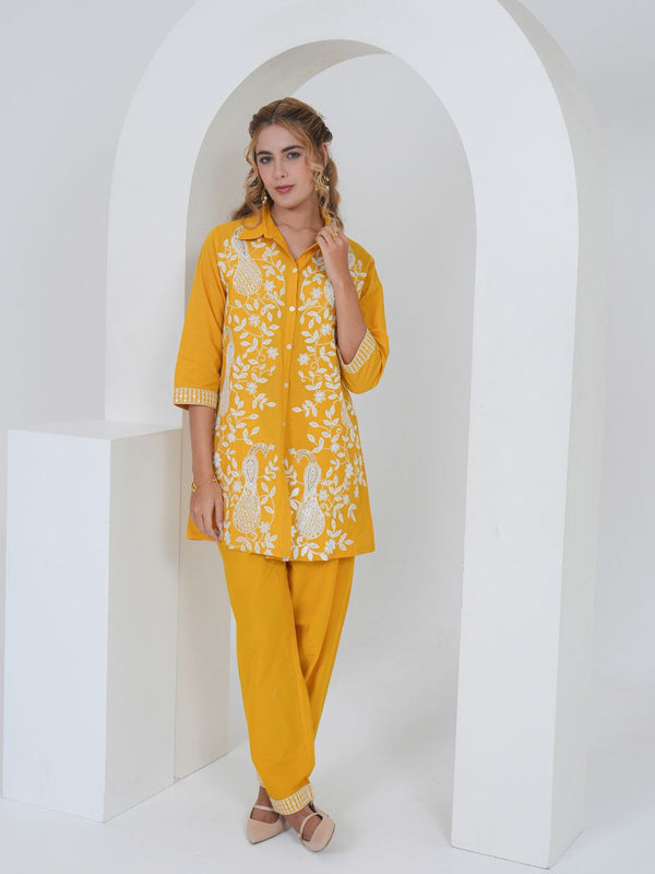 From Haldi to Mehendi: Trendy Yellow Co-ord Sets Every Bridesmaid Needs 1 Mustard Yellow Embroidered Cotton Co-ord Set