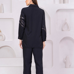 Black Co-Ord: Long Shirt & Trousers with Metallic Thread Work