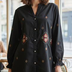 Black Embroidered Mandarin-Collar Shirt with Geometric Pattern