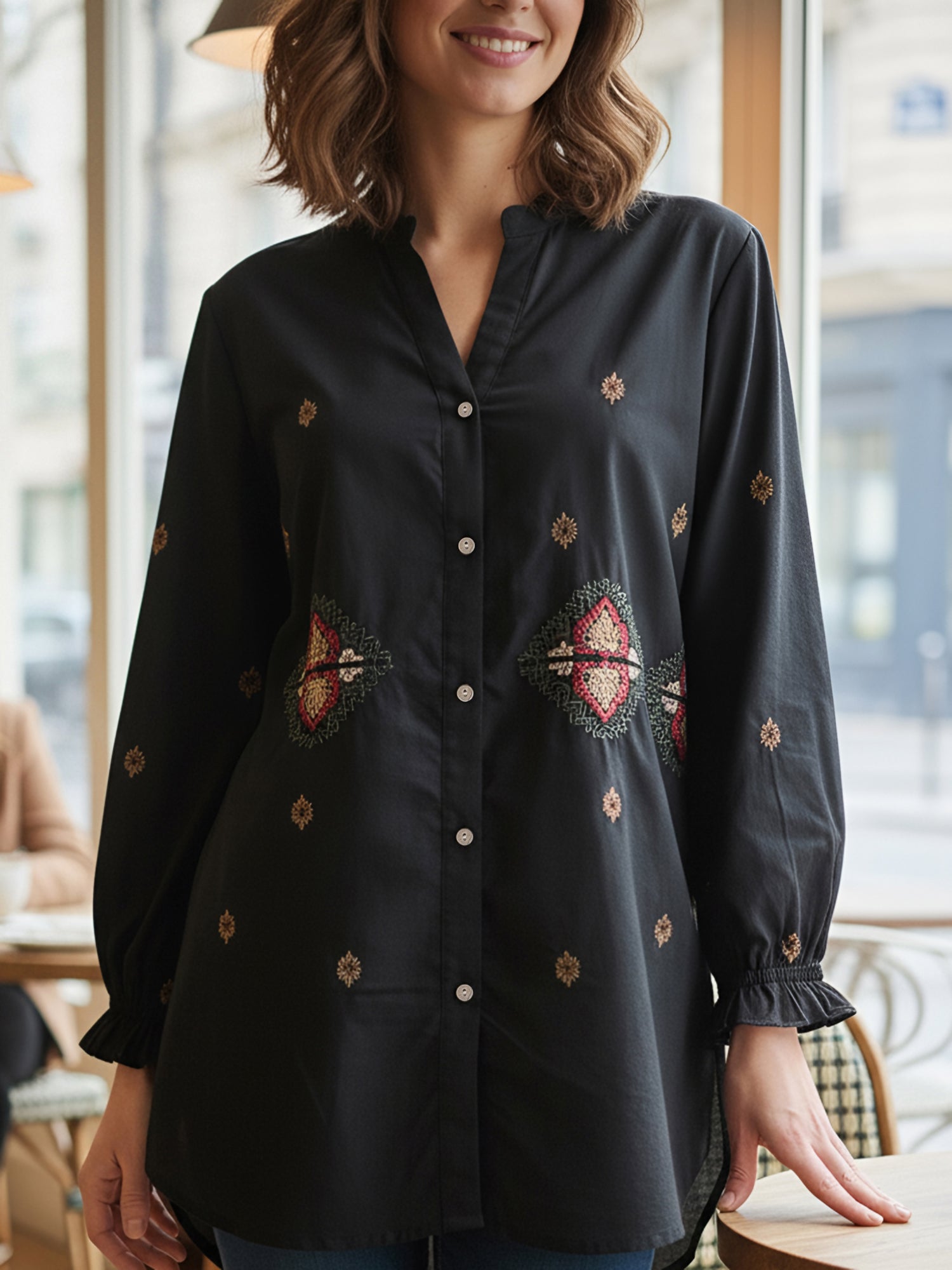Black Embroidered Mandarin-Collar Shirt with Geometric Pattern