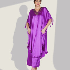Stylish Satin V-neck Purple Co-ord Set