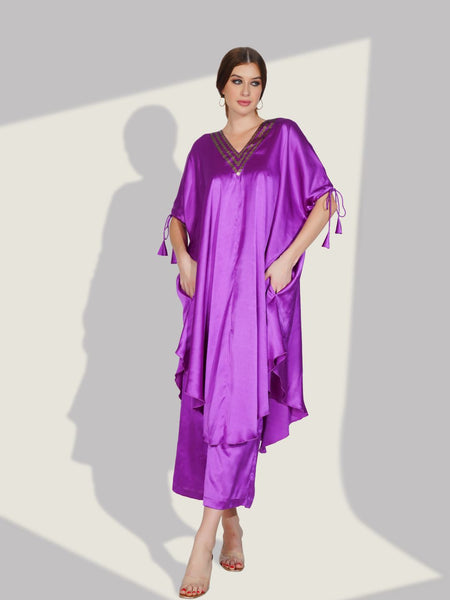 Stylish Satin V-neck Purple Co-ord Set