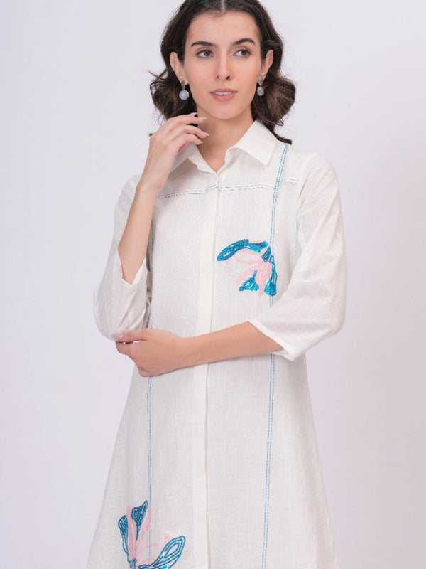 Pink Linen Embroidered Shirt Dress