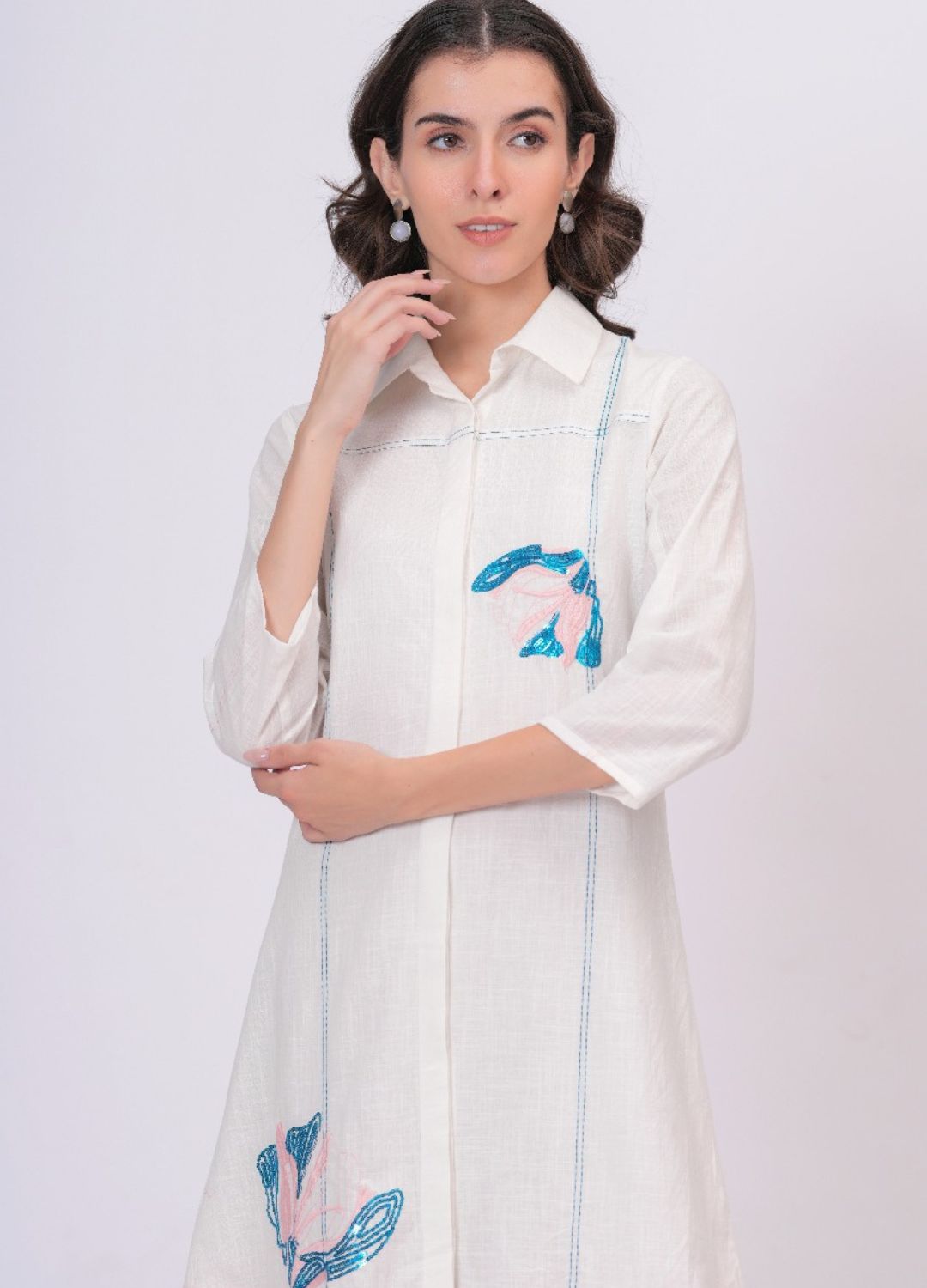 Pink Linen Embroidered Shirt Dress