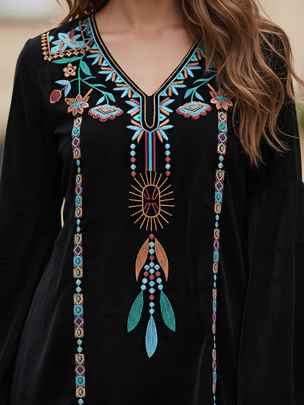 Black Embroidered Flare Sleeve Top