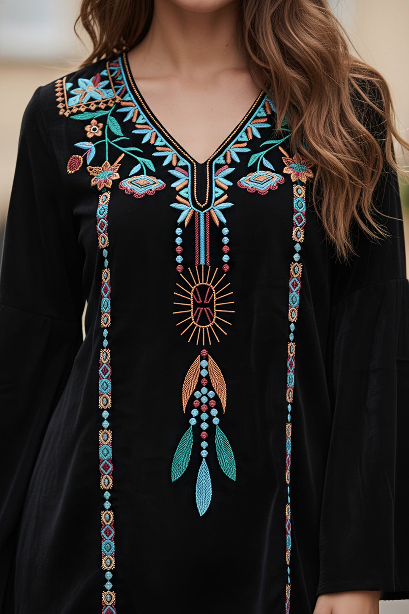 Black Embroidered Flare Sleeve Top